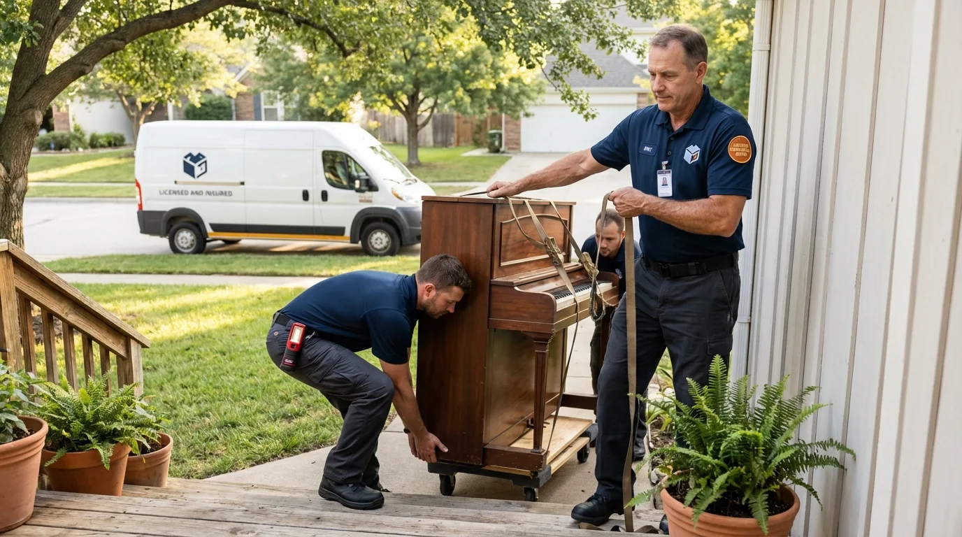 Licensed piano movers securing grand piano in Amite, LA