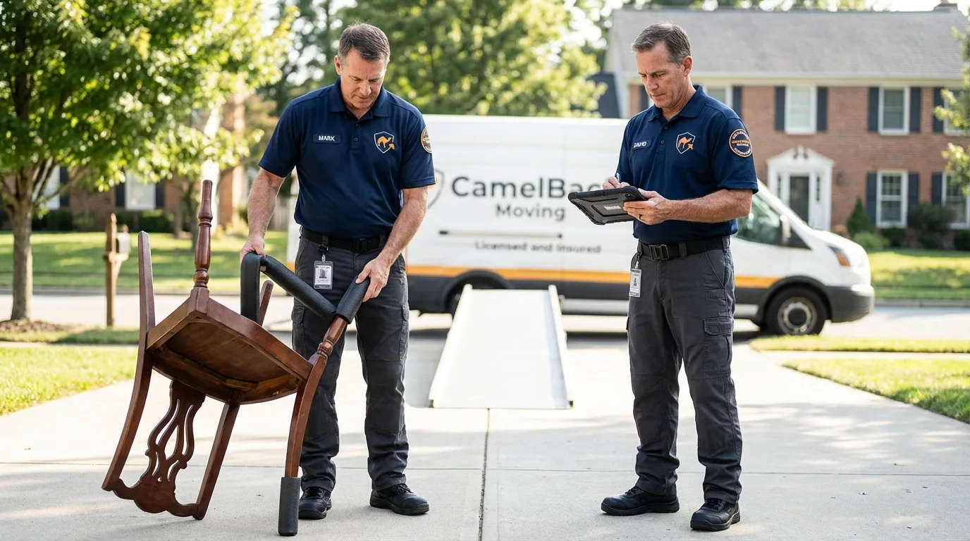 Movers inspecting furniture for damage prevention before loading in Amite, LA