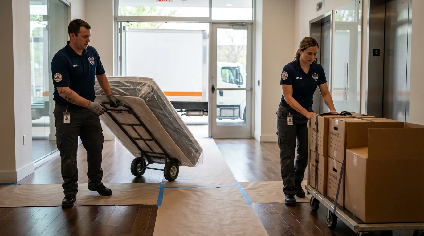 Professional apartment movers loading elevator in Amite, LA